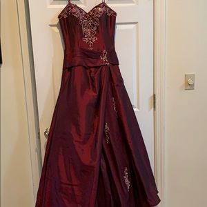 Full length hand sewn applices crimson ball gown